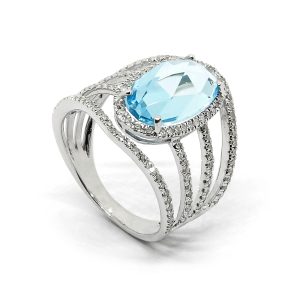 Anillo Topacio Azul con Lineas De Diamantes
