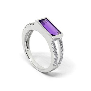 Anillo Amatista Rectangular Doble Línea Diamantes