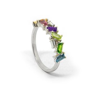 Anillo Cintillo Oro Blanco Piedras Multicolor