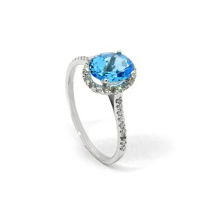 Anillo Solitario Oro Blanco Topacio Azul Diamantes