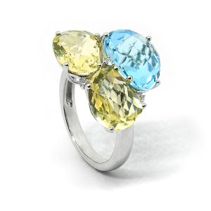 Anillo Triple Citrinos y Topacio Azul