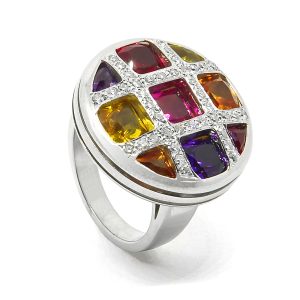 Anillo Disco Piedras Preciosas Multicolor