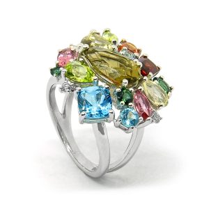 Anillo Oro Blanco Multicolor Piedras Preciosas
