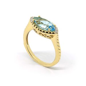 Anillo Oro Amarillo Topacio Azul Navette Diamantes
