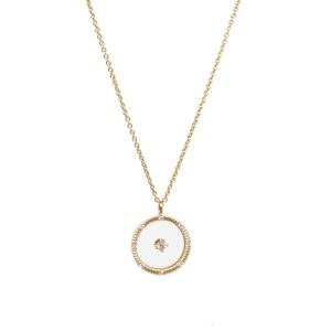 Collar Oro Amarillo Disco Cristal Zafiro con Diamante Central