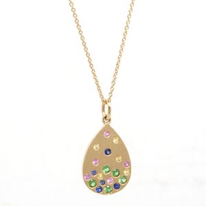 Collar Oro Amarillo Disco Gota Piedras Preciosas Multicolor Satin