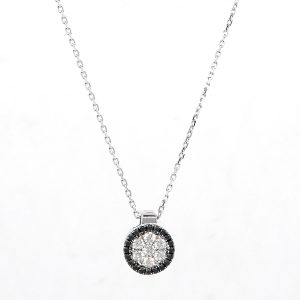 Collar Oro Blanco Disco de Diamantes Negros y Blancos