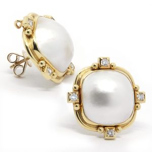 Aros Oro Amarillo Perla Madre Diseño Barroco Diamantes